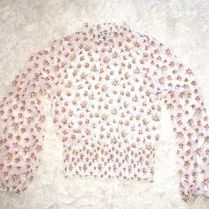 Chiffon White Floral Mock Neck Blouse with Puff Poet Sleeves & Gathered Waist, S